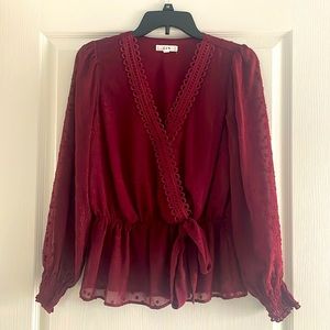E & M faux wrap maroon sheer sleeve blouse EUC